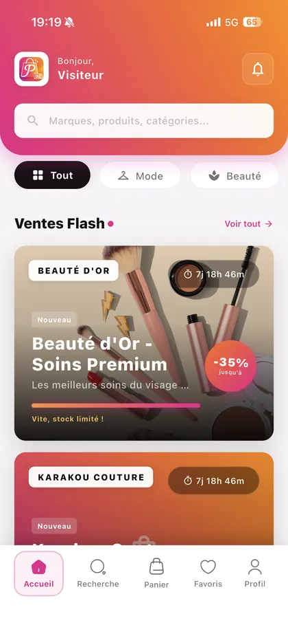 Écran d’accueil de l’application PRIVYA DZ avec les ventes flash en cours