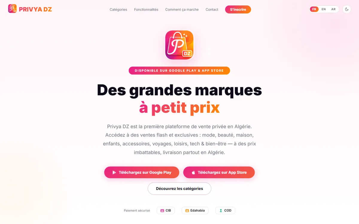 Page d’accueil de PRIVYA DZ avec les moyens de paiement CIB, Edahabia et paiement à la livraison